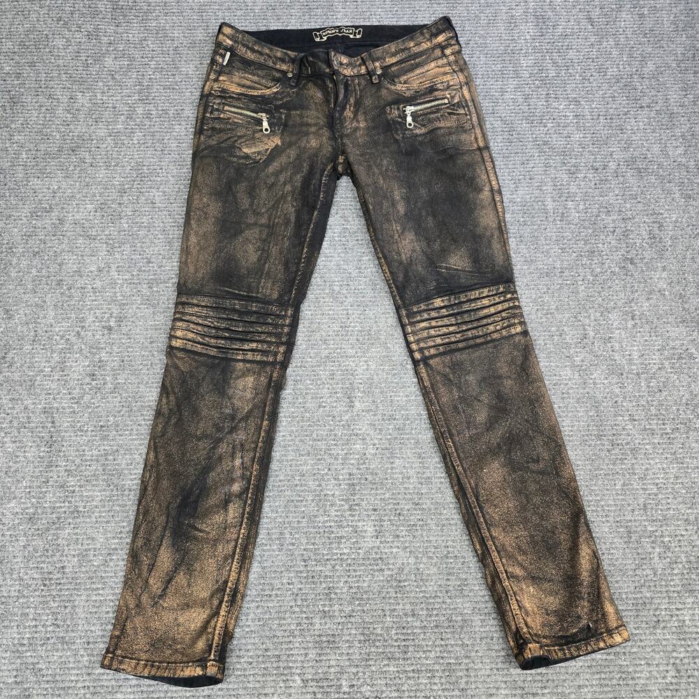 Robin's Jean Men's Tag 29 Measures 32x30 Black Gold Metallic Moto Biker Jeans